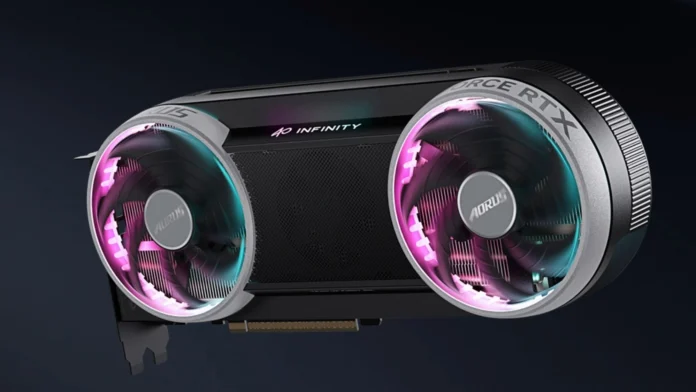 Front view of the AORUS RTX 5070 INFINITY graphics card with dual RGB cooling fans.