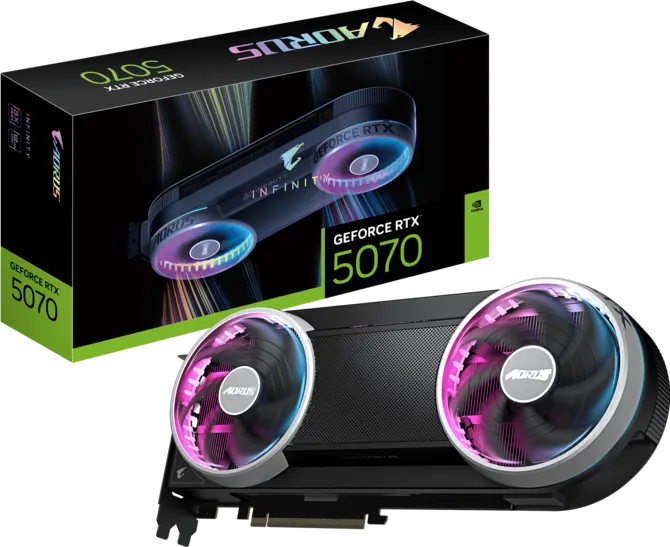GIGABYTE Confirms AORUS RTX 5070 INFINITY Specs With 2715 MHz Boost Clock 1 AORUS RTX 5070 INFINITY graphics card displayed with its retail packaging.