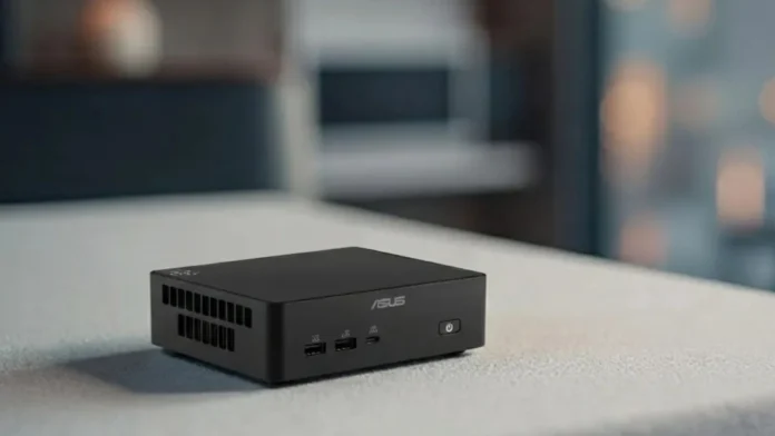 ASUS NUC 16 Pro compact desktop computer placed on a modern workspace, showcasing its small footprint, minimalist design, and suitability for office, home, and professional computing environments.