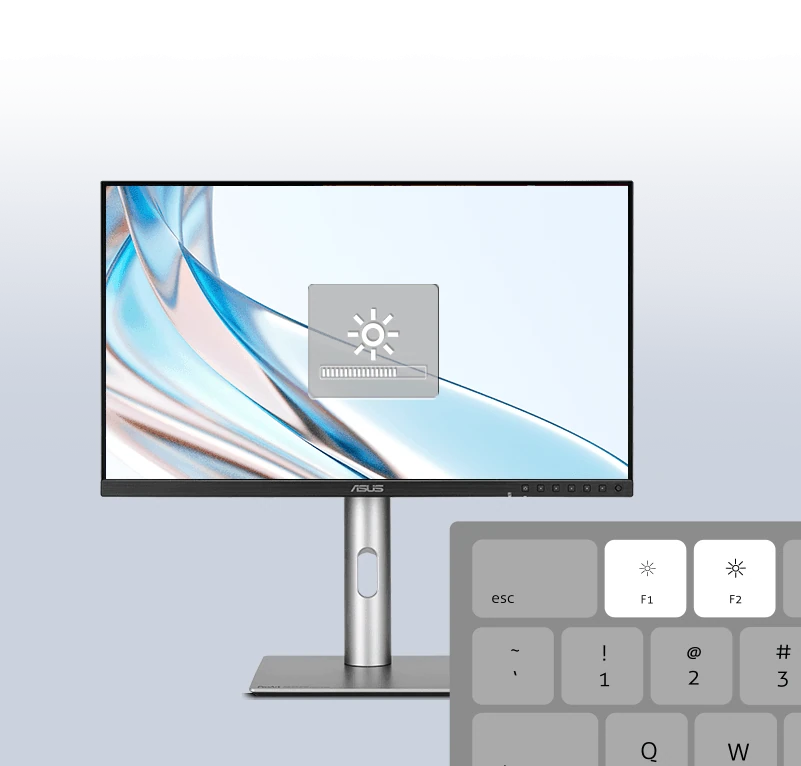 ASUS ProArt PA279CDV monitor demonstrating on-screen brightness adjustment using keyboard shortcuts.