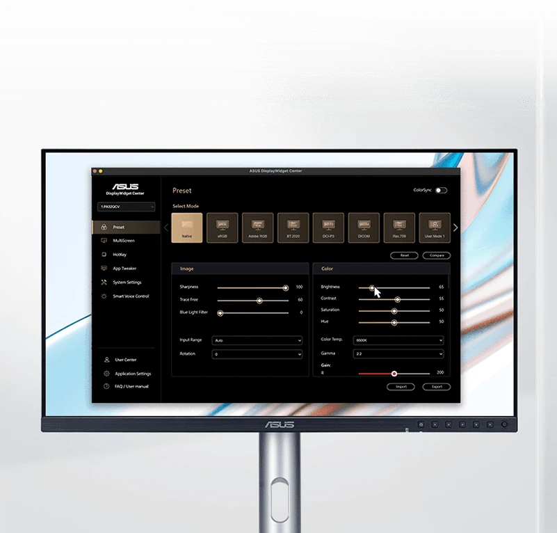 ASUS ProArt PA279CDV monitor displaying the DisplayWidget Center software for color and image adjustments.