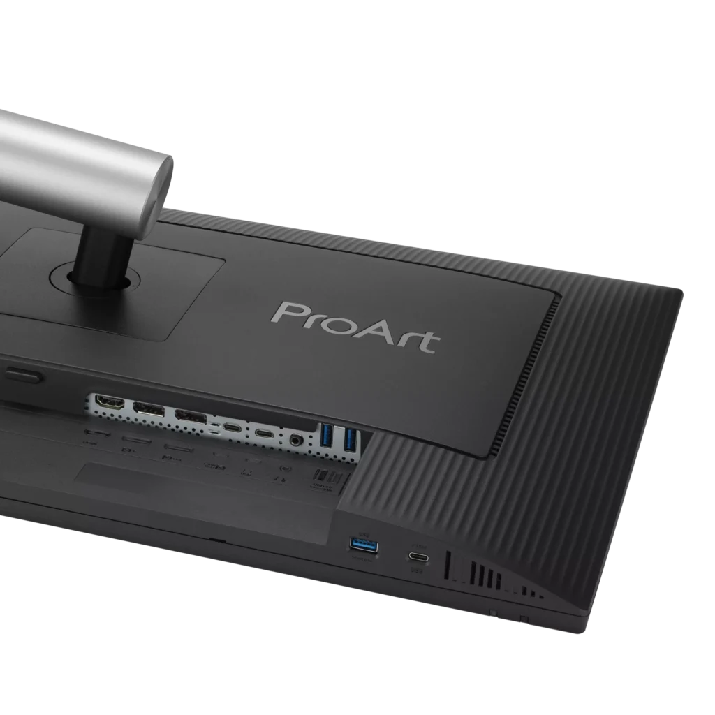 Rear panel of the ASUS ProArt PA279CDV showing connectivity ports and cable management.
