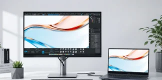 ASUS Launches ProArt PA279CDV Professional Monitor With 4K QD-OLED Display ASUS ProArt PA279CDV monitor connected to a laptop in a professional content creation workspace.