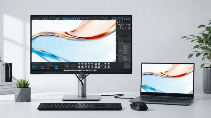 ASUS ProArt PA279CDV monitor connected to a laptop in a professional content creation workspace.