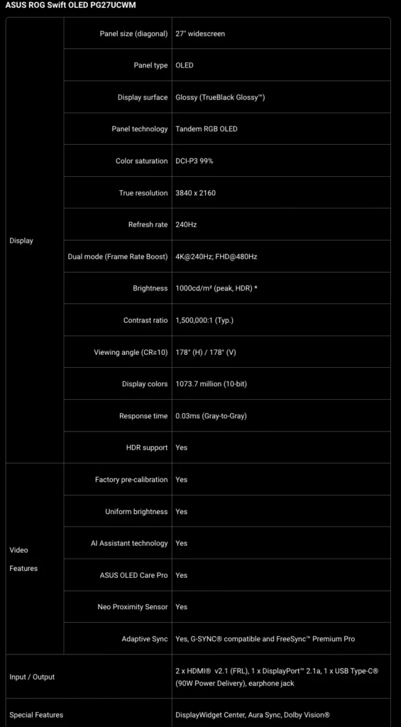 Specifications table for the ASUS ROG Swift OLED PG27UCWM 27-inch 4K 240Hz Tandem RGB OLED gaming monitor.