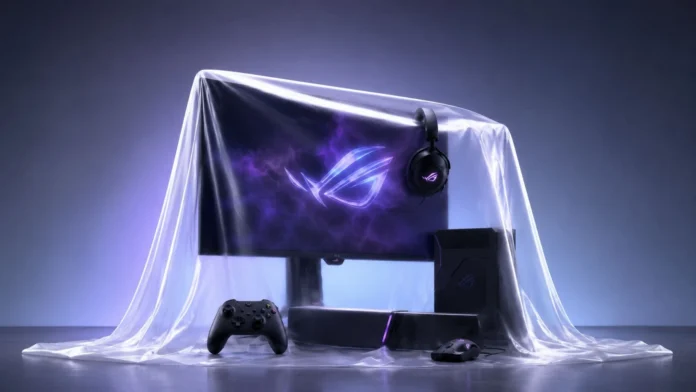 ASUS ROG gaming setup featuring a monitor, desktop PC, headset, controller, soundbar, and gaming mouse under a translucent cover with purple RGB lighting.