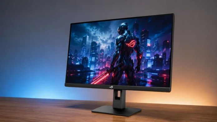 ASUS ROG Godlike 27 Plus gaming monitor with a thin-bezel display showing a futuristic gaming scene.