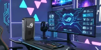 ASUS ROG GR70 Mini PC Now Available With Ryzen 9 9955HX3D and RTX 5070 ASUS ROG GR70 mini gaming PC on a gaming desk with monitor, keyboard, mouse, and headset.
