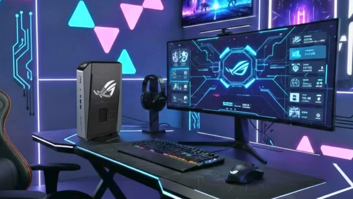 ASUS ROG GR70 mini gaming PC on a gaming desk with monitor, keyboard, mouse, and headset.
