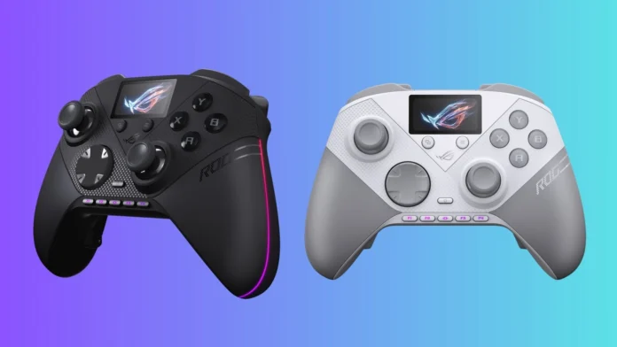 ASUS ROG Raikiri II Pro gaming controller shown in both Black and Moonlight White color options.