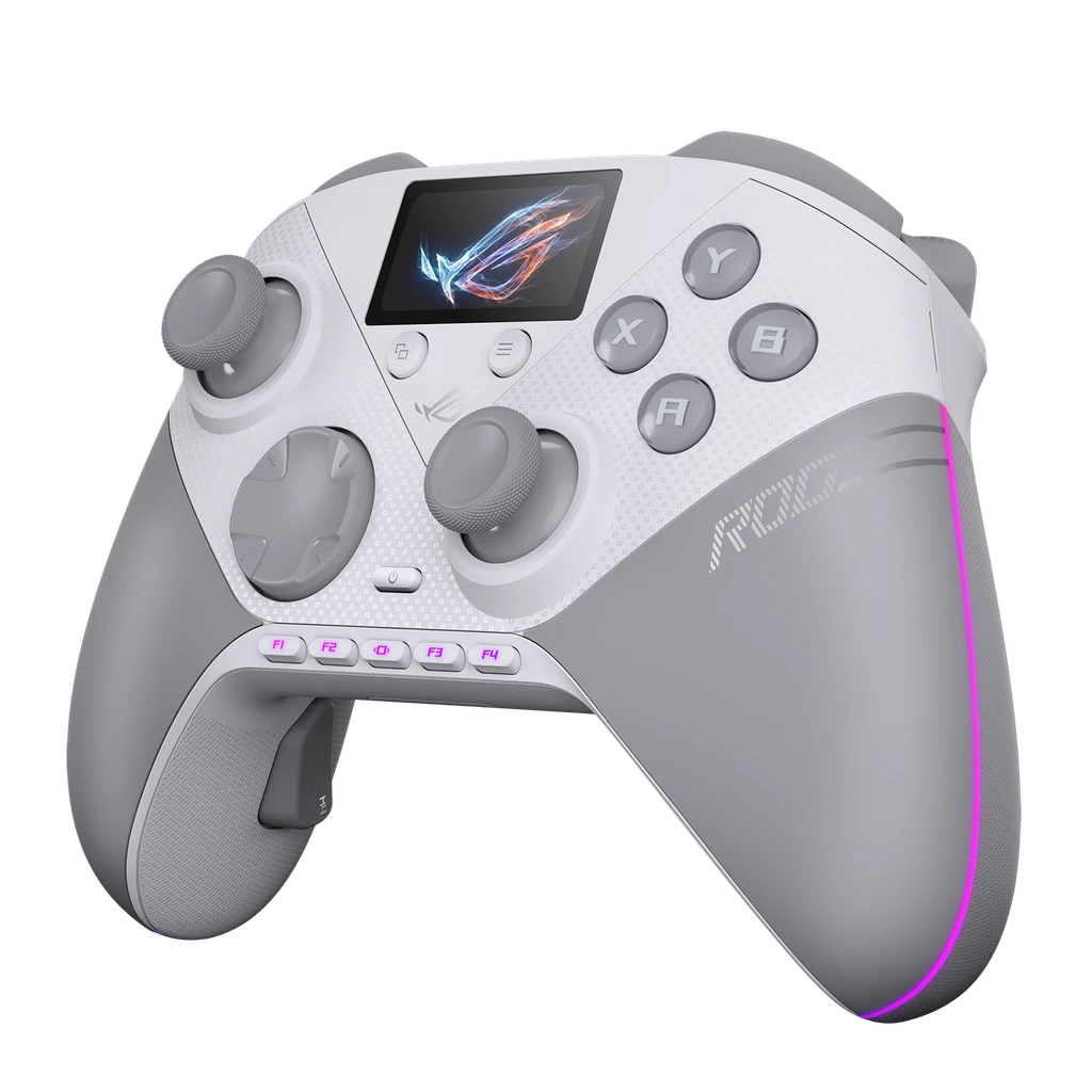 ASUS ROG Introduced Raikiri II Pro Controller With 8K Polling and TMR Joysticks 3 Angled front view of the ASUS ROG Raikiri II Pro gaming controller in Moonlight White with built-in display, RGB lighting, and customizable controls.