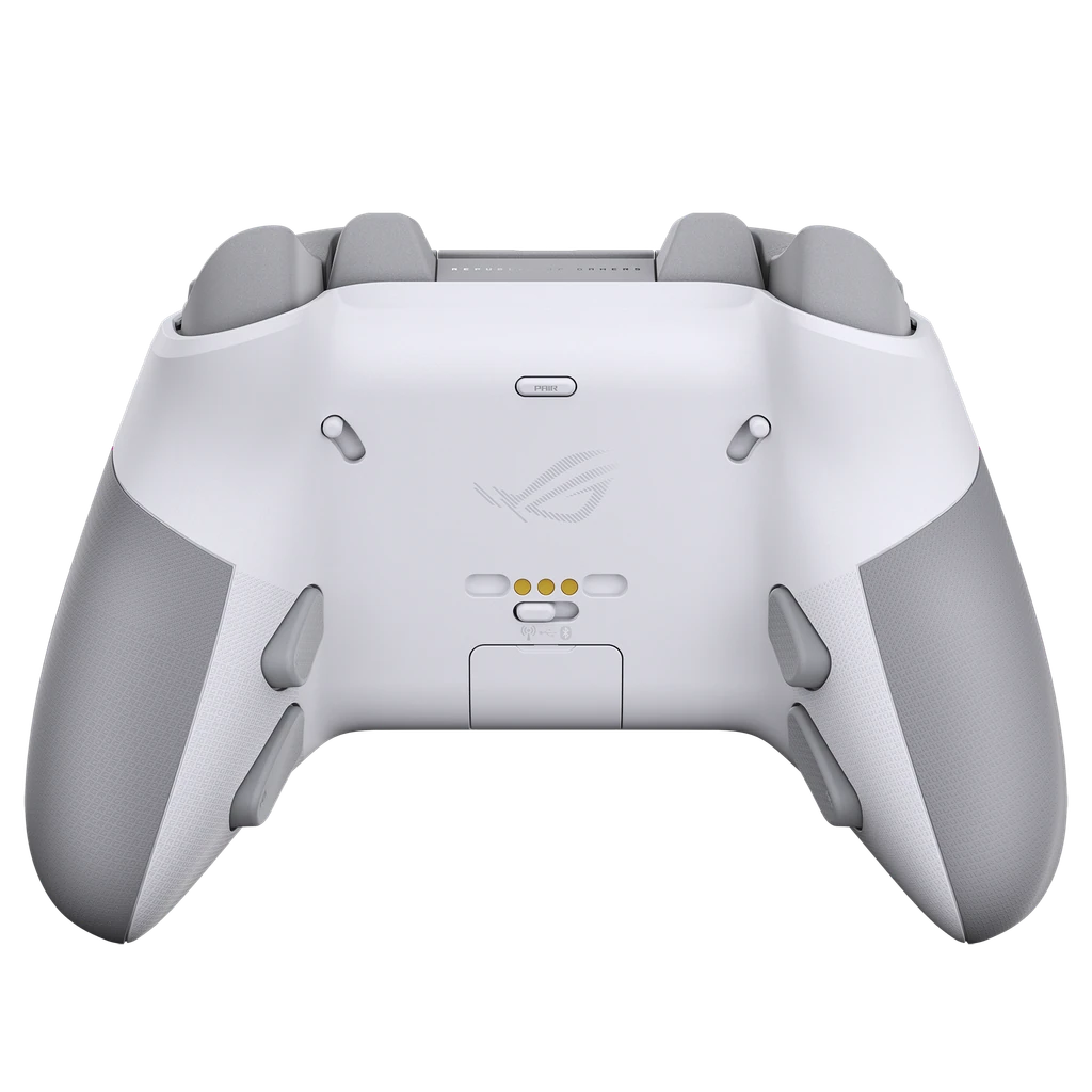 ASUS ROG Introduced Raikiri II Pro Controller With 8K Polling and TMR Joysticks 4 Rear view of the ASUS ROG Raikiri II Pro wireless gaming controller in Moonlight White, showing programmable rear buttons and trigger layout.
