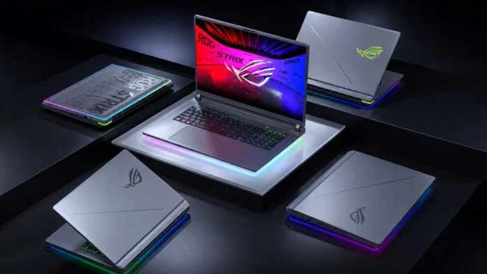 ASUS ROG Strix G18 gaming laptop lineup showcasing multiple design angles and RGB lighting
