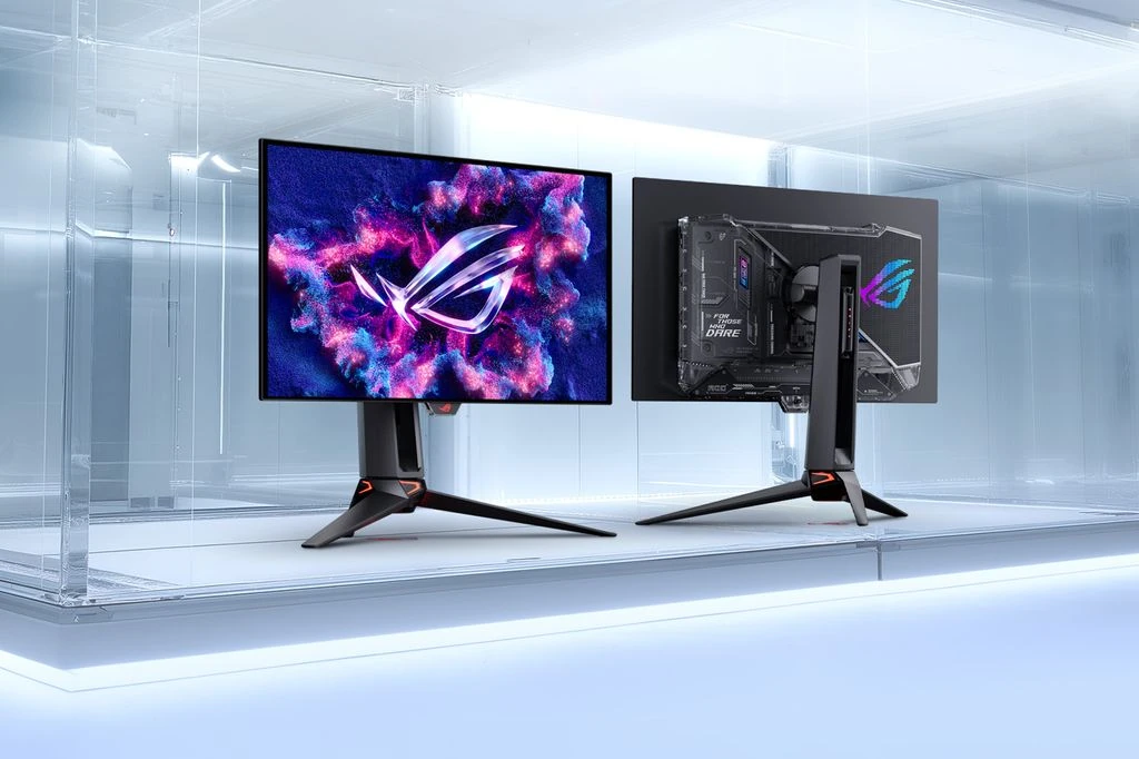 Front and rear views of the ASUS ROG Swift OLED PG27UCWM gaming monitor highlighting its design.