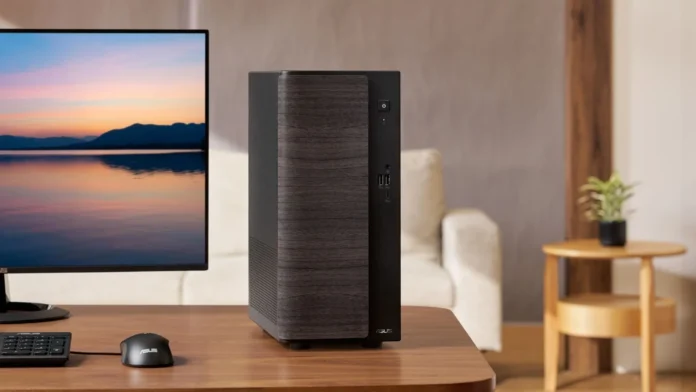 Black ASUS V500 Mini Tower desktop PC positioned beside an ASUS monitor in a modern home office environment.