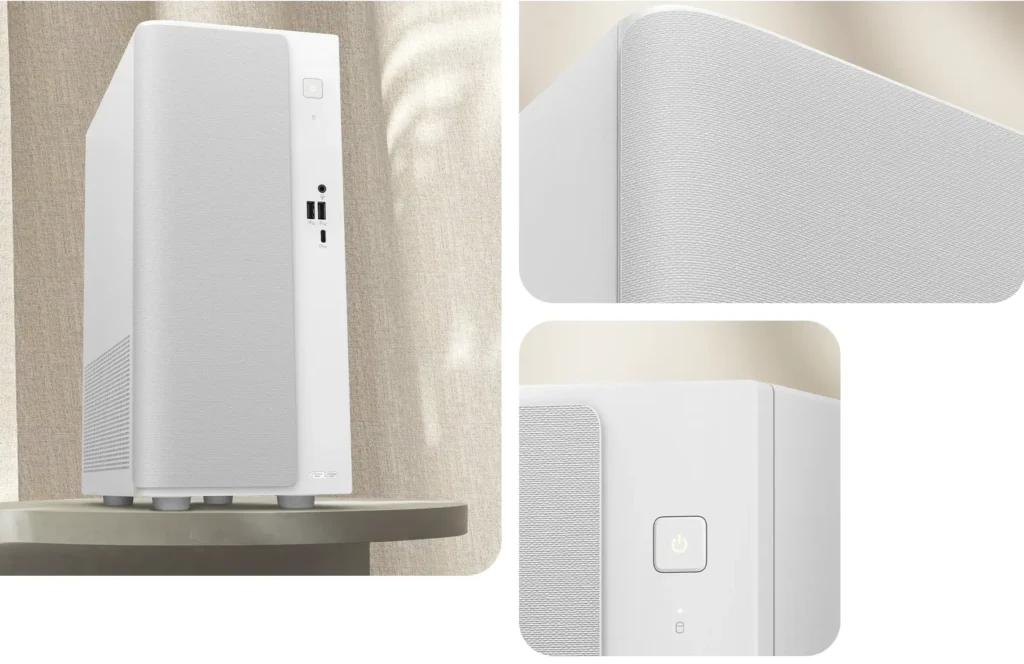 Close-up views of the ASUS V500 Mini Tower white chassis showing the fabric-textured front panel, power button, and front I/O ports.