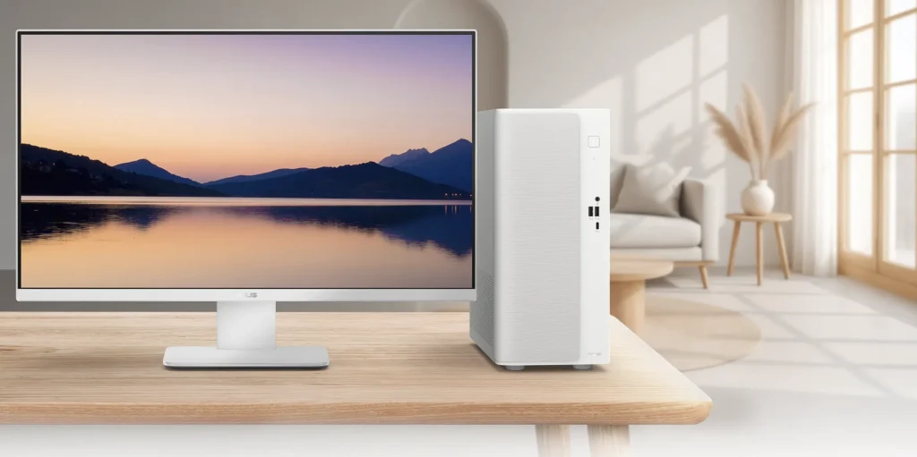 ASUS V500 Mini Tower desktop PC in white beside an ASUS monitor on a wooden desk in a modern home office.