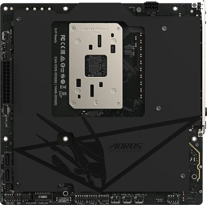 Rear side of the Gigabyte B850M AORUS Stealth motherboard highlighting its reverse connector layout.