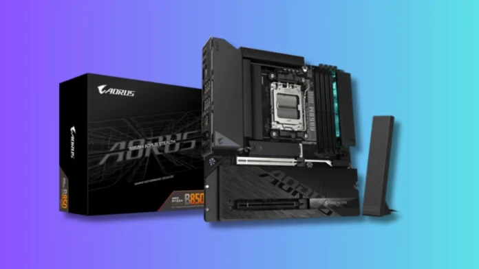 Gigabyte B850M AORUS Stealth AM5 motherboard with rear connector design for clean PC builds.