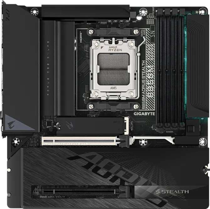 Front view of the Gigabyte B850M AORUS Stealth motherboard showing the AM5 socket and PCIe slots.