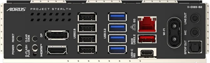 Rear I/O panel of the Gigabyte B850M AORUS Stealth motherboard with USB, HDMI, DisplayPort, LAN, Wi-Fi, and audio ports.