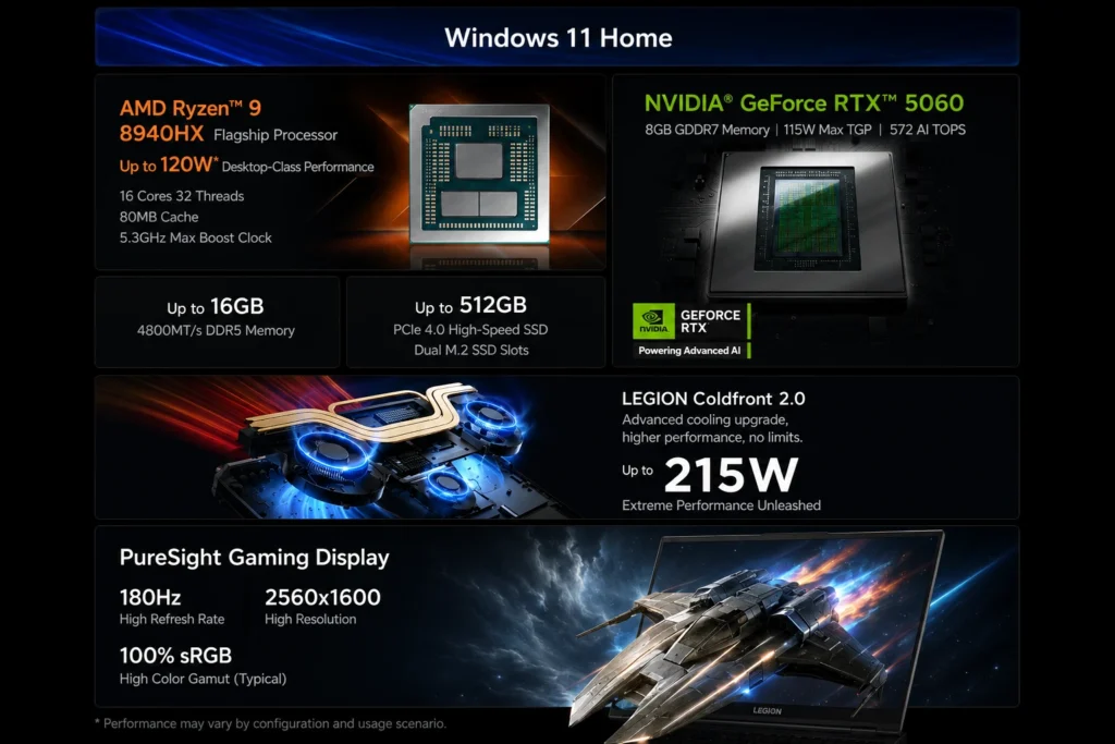 Specification sheet for the Lecoo Bellator 7000P highlighting AMD Ryzen 9 8940HX processor, GeForce RTX 5060 GPU