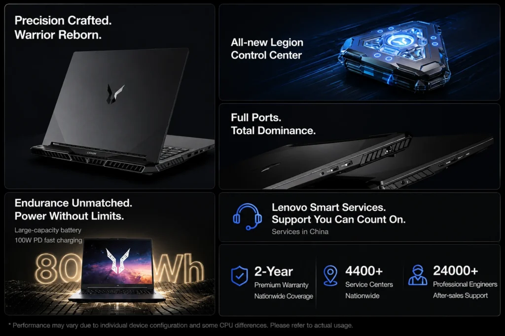 Promotional image showcasing the Lecoo Bellator 7000P design, rear ports, Legion Control Center, 80Wh battery, and warranty and support information.