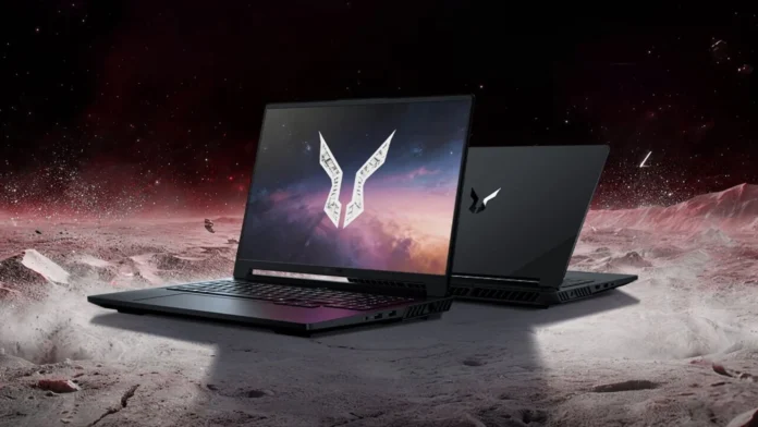 Lecoo Bellator 7000P gaming laptop shown from front and rear with a futuristic space-themed background.