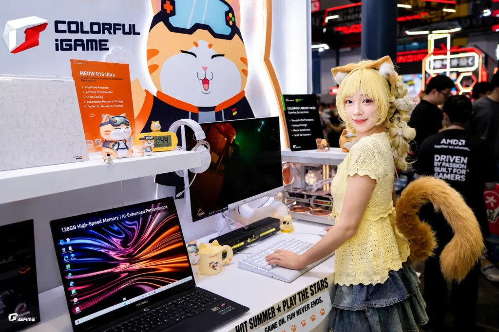 COLORFIRE Meow gaming booth showcasing themed laptops, gaming PCs, and peripherals during BW2026.
