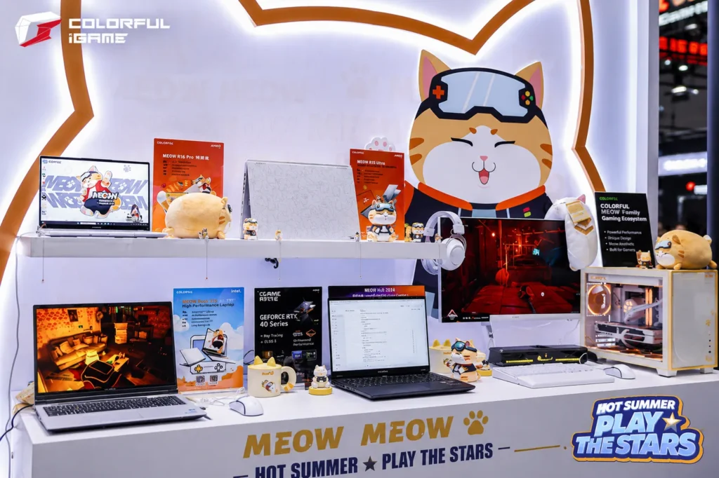 COLORFIRE laptop lineup featuring Meow series notebooks, gaming desktops, and accessories on display at BW2026.