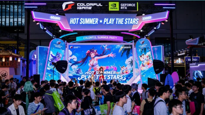 COLORFUL iGame booth at BW2026 featuring gaming PCs, laptops, NVIDIA GeForce RTX branding, and live stage activities.