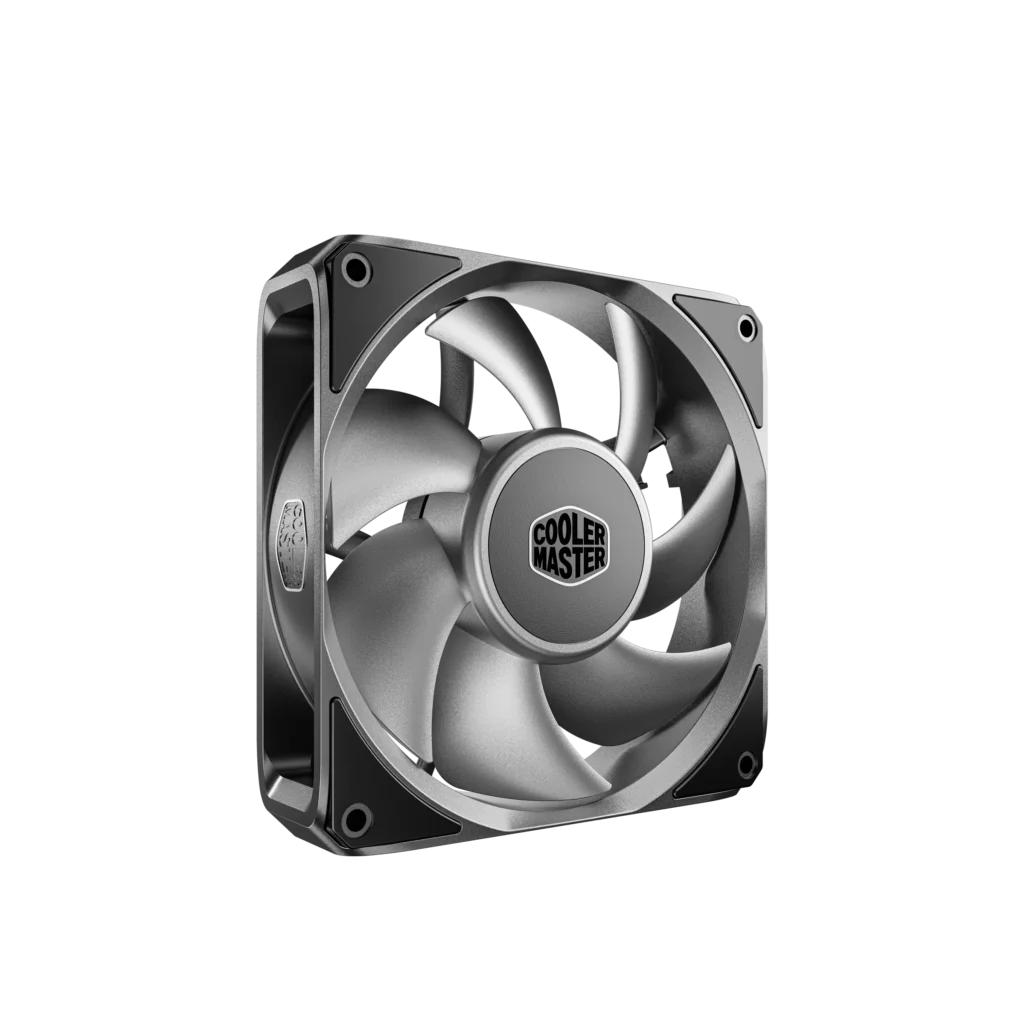 Cooler Master MasterFan A Series silver case cooling fan shown from an angled front view, highlighting its optimized fan blade design for high airflow and quiet PC cooling performance.