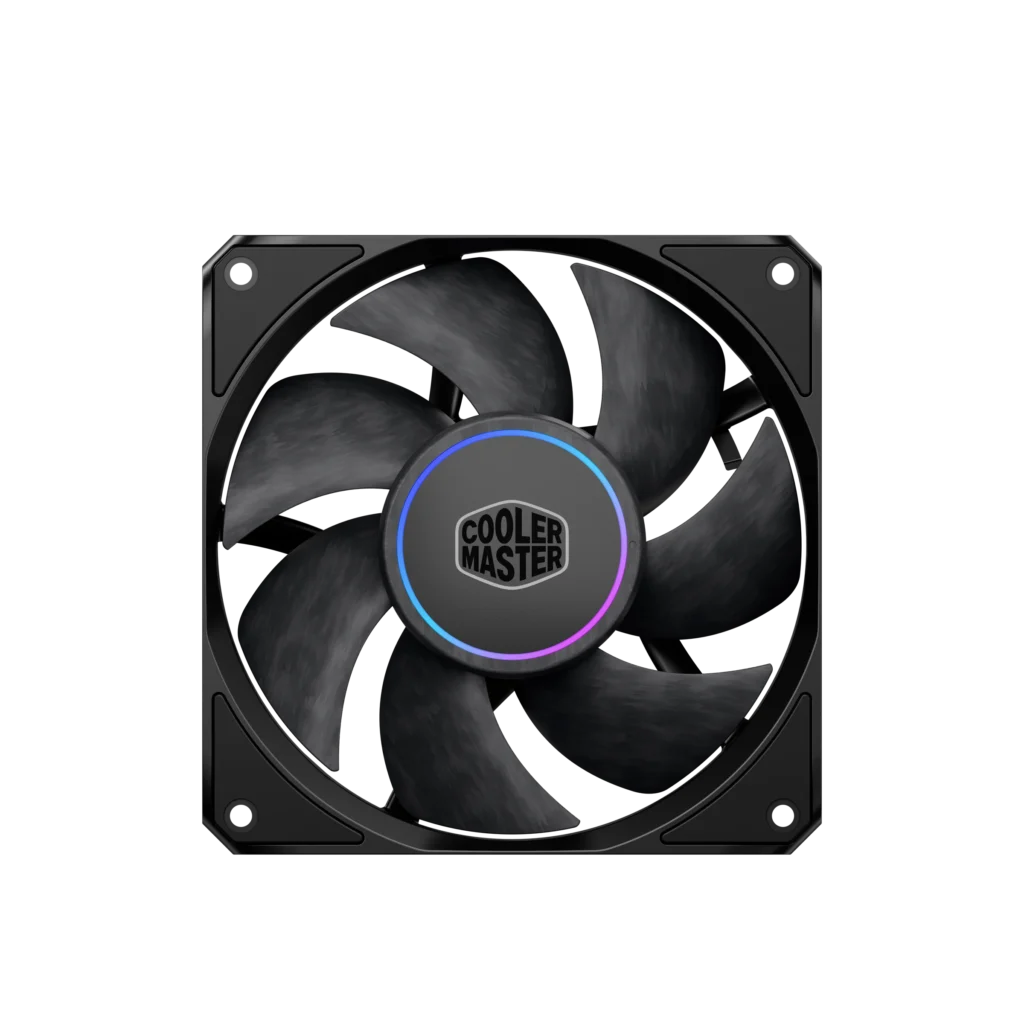 Low-profile view of the Cooler Master MasterFan M Series RGB cooling fan, showing its slim frame and optimized blade layout for efficient airflow in desktop systems.