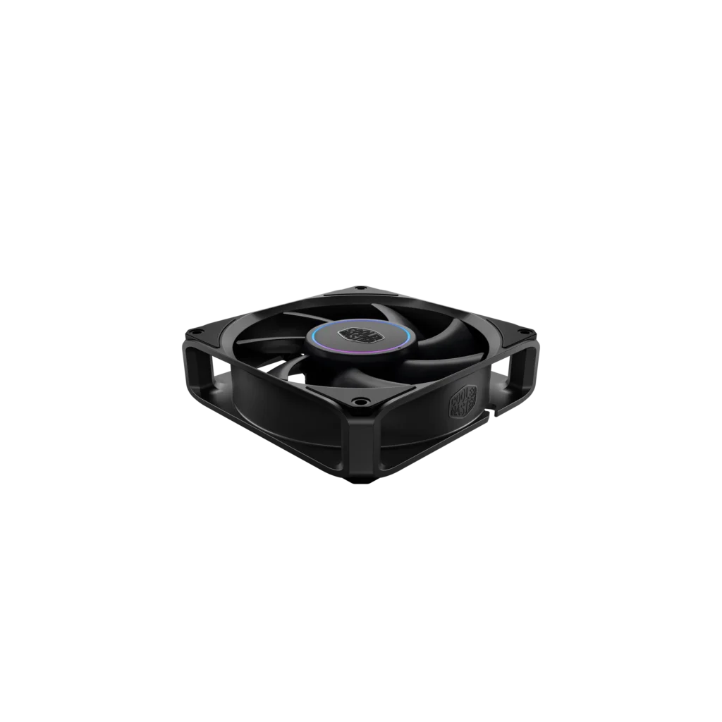 Front view of the Cooler Master MasterFan M Series RGB case fan featuring customizable lighting, optimized fan blades, and efficient cooling for gaming and workstation PCs.