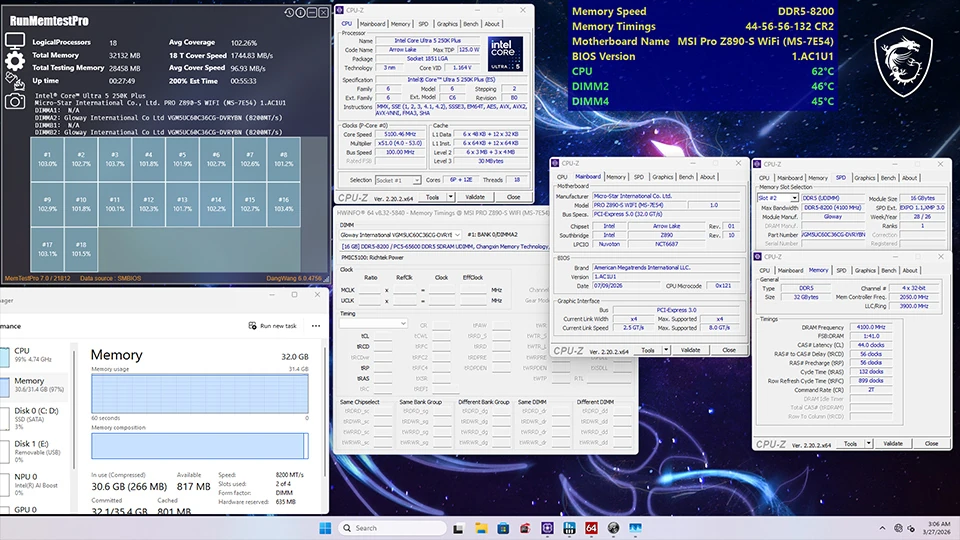 MSI BIOS Update Enables DDR5-8600 on CXMT Memory 1 MSI validation screenshot showing stable DDR5-8200 memory operation with CXMT DDR5 modules.