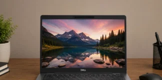 Laptop Deal| Dell Latitude 5330 Refurbished Laptop Drops to $399.99 Dell Latitude 5330 business laptop placed on a wooden desk with an external mouse, highlighting its display and workspace setup.