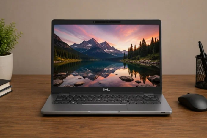 Dell Latitude 5330 business laptop placed on a wooden desk with an external mouse, highlighting its display and workspace setup.