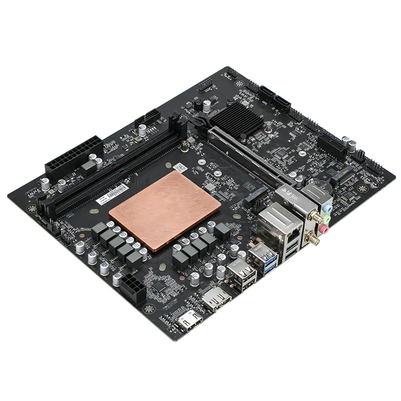 Colorful Launches ECO HM770-K V20 Motherboard With Built-in Core i9-13900HX 2 Angled view of the ECO HM770-K V20 motherboard featuring the integrated copper CPU heatsink, dual DDR5 memory slots, PCIe x16 expansion slot, rear I/O ports, M.2 storage support, and compact Micro-ATX layout for desktop PCs.