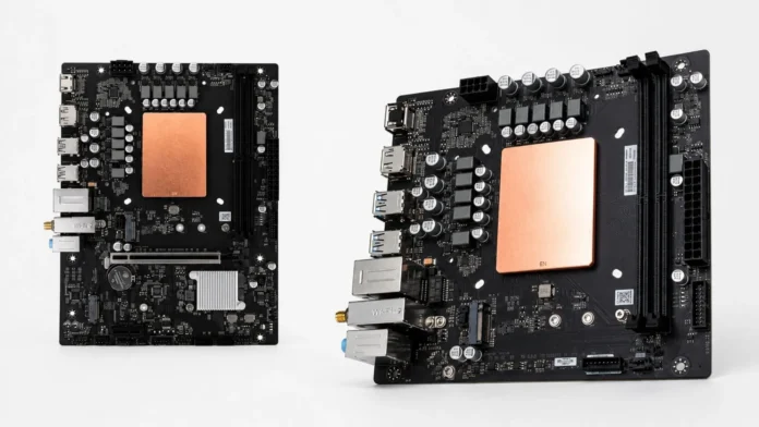 ECO HM770-K V20 motherboard shown from front and angled perspectives, featuring the integrated Intel HM770 platform with a large copper CPU heatsink, dual DDR5 memory slots, PCIe x16 expansion slot, M.2 storage support, Wi-Fi module, and rear I/O connectivity.
