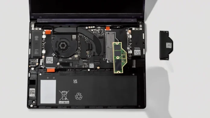 Framework Laptop 13 Pro opened to show the LPCAMM2 memory module during installation