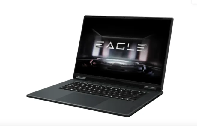 Front angled view of the GIGABYTE EAGLE gaming laptop with slim display bezels
