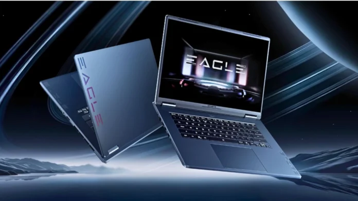 Two GIGABYTE EAGLE gaming laptops displayed in an official promotional render