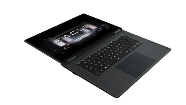 GIGABYTE EAGLE gaming laptop open showing the keyboard, display, and large touchpad