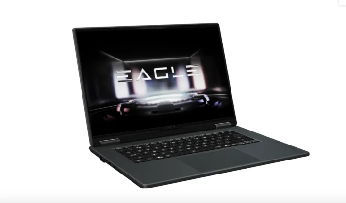 Three-quarter view of the GIGABYTE EAGLE gaming laptop highlighting its chassis design