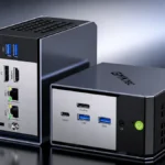 GMKtec EVO-X1 Pro mini PC showing front and rear I/O ports with OCuLink connectivity.