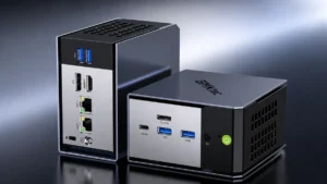 GMKtec EVO-X1 Pro mini PC showing front and rear I/O ports with OCuLink connectivity.
