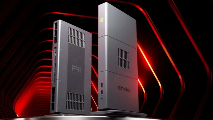 GMKtec EVO-X3 AI Workstation shown in a vertical dual-angle view, highlighting its slim metal chassis