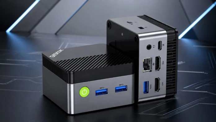 GMKtec G5S Mini PC showing the front and rear I/O ports.
