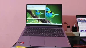 How to Take a Screenshot on a Lenovo Laptop (Windows 10 & 11) 2 Lenovo laptop running Windows 11 displaying a screenshot example on the screen while connected to an external device