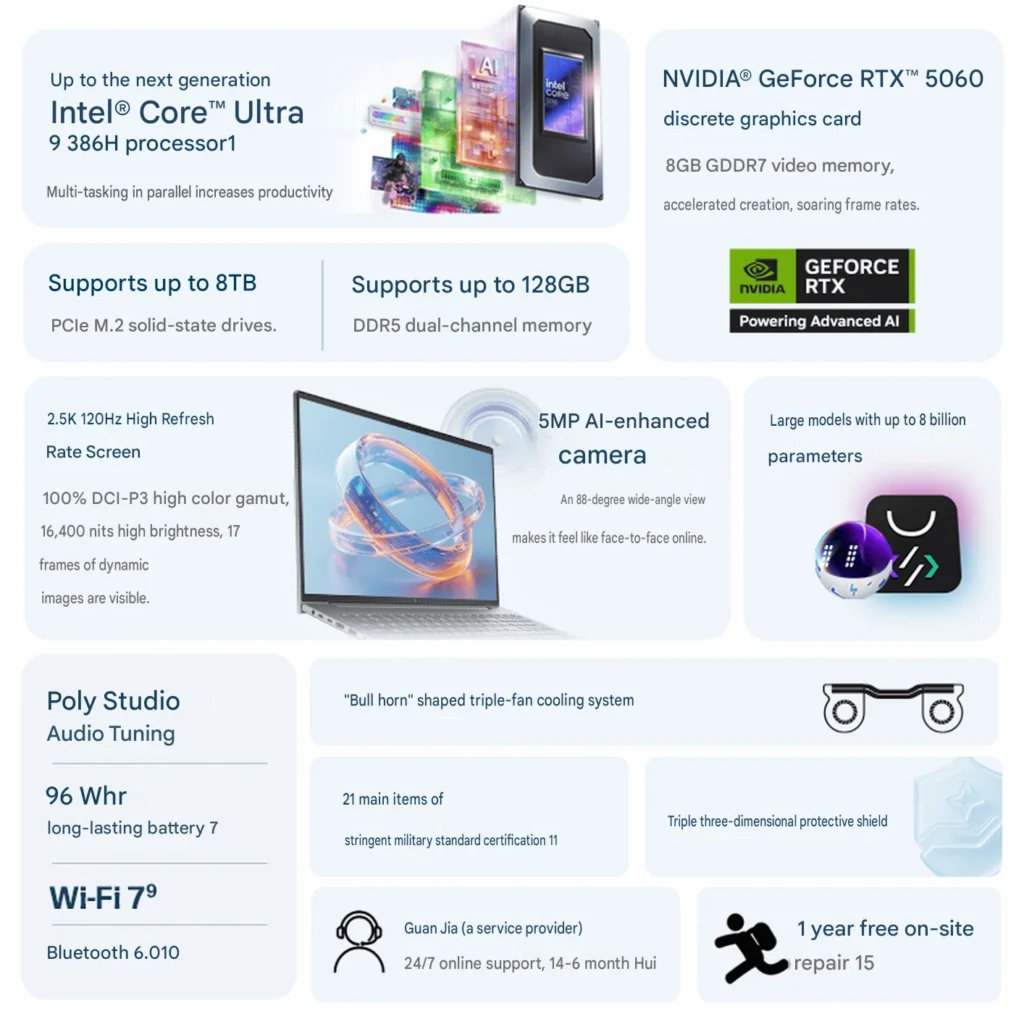 HP Launches ZBook X 16 G2ig With Panther Lake and RTX 5060 1 Key specifications of the HP ZBook X 16 G2ig featuring Intel Core Ultra 9 386H, GeForce RTX 5060 Laptop GPU, 2.5K 120Hz display, Wi-Fi 7, Bluetooth 6.0, and up to 128GB DDR5 memory.